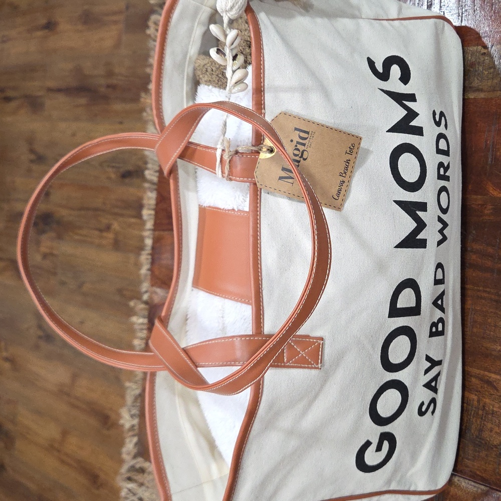 Magid Tan and Cream Tote with Playful Print GOOD MOMS SAY BAD WORDS   NWT - Picture 2 of 10